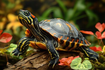 Fototapeta premium Colorful turtle resting on a log among lush green plants in a serene environment