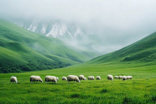 Springtime grazing of sheep in Sheep Meadow surrounded by lush green hills and fog