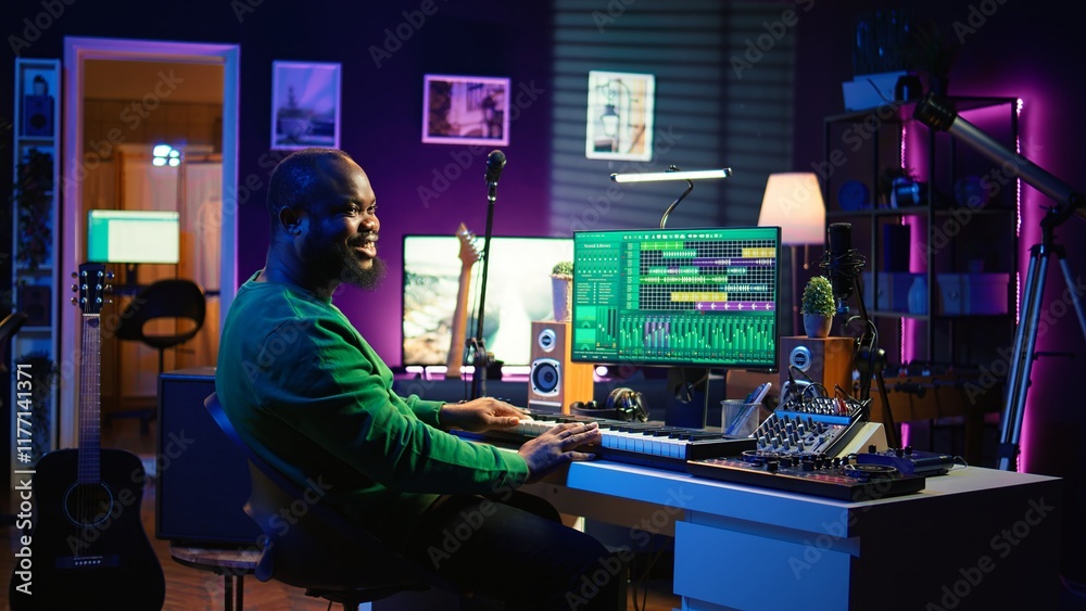 Poster Musician playing piano keyboard and recording tracks for mix and master session, using digital software on pc to create new songs. Sound producer composing music with midi controller tool. Camera B.