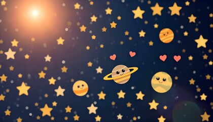 Animated image featuring planets and stars adorned with hearts, creating a whimsical cosmic scene