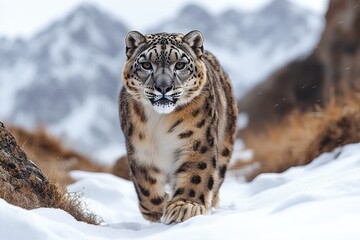 Obraz premium Leopard traverses snowy landscape amid melting snow with majestic mountains in background