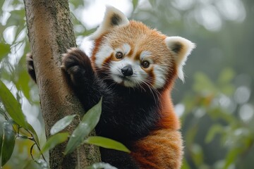 Red panda gracefully climbs a tree in lush surroundings, showcasing its nimble nature