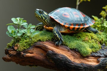 Obraz premium Colorful turtle resting on a mossy log surrounded by lush greenery in a serene habitat