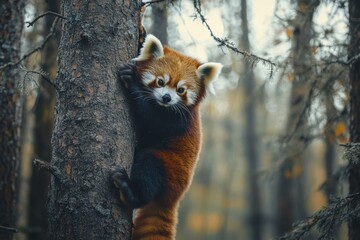 Fototapeta premium Red panda skillfully climbs a tree in a serene forest during autumn