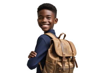 A black teenage boy holding a backpack stands and smiles, isolated on transparent background