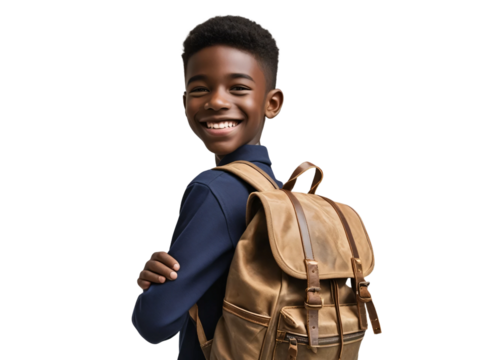 A black teenage boy holding a backpack stands and smiles, isolated on transparent background