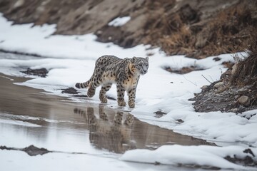 Obraz premium Leopard walks through melting snow near a water source in a winter landscape