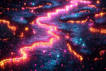 Fototapeta premium Glowing river flowing through dark, sparkling terrain, with glowing particles in background. Ideal for abstract digital backgrounds