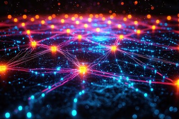 Naklejka premium Glowing network nodes connected by lines on a dark digital surface with bokeh background