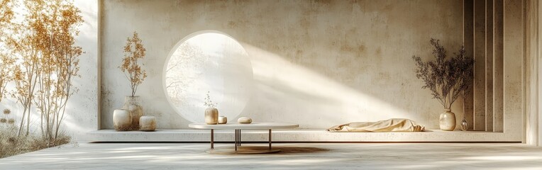 A minimalist pedestal set in a white background, ideal for showcasing products in a modern aesthetic.