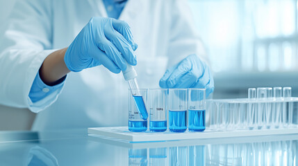 Scientist Wearing Gloves Conducting Laboratory Experiment with Test Tubes and Blue Liquid in a Modern Lab  