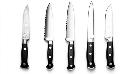 A set of kitchen knives, including chef's knife, paring knife, and bread knife, isolated on a clean white background.
