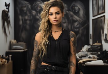 Beautiful tattooed woman on dark background