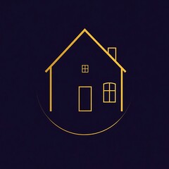Golden House Icon: A minimalistic yet elegant design featuring a golden outline of a house within a circle, set against a rich blue backdrop. This minimalist design is perfect for representing home.