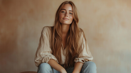 Fototapeta premium A girl with long, straight chestnut hair, wearing a flowy bohemian blouse and jeans, sitting on a minimalist bar stool. The background is a soft blur of earthy tones, creating a tr