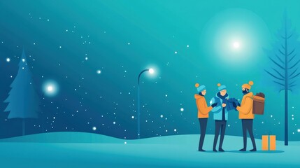 Three Friends Enjoying a Winter Evening in a Snowy Landscape with Blue Tones, Snowflakes, and Streetlight, Celebrating the Holiday Season Together