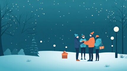 Group of Friends Enjoying a Winter Evening in a Snowy Park Surrounded by Trees and Street Lights Under a Starry Sky