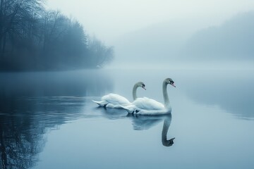 Fototapeta premium Swans glide gracefully across a misty lake in the early morning light