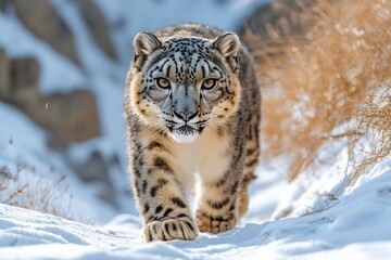 Fototapeta premium Leopard walks through melting snow in a serene winter landscape at dusk