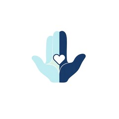 Obraz premium Two Hands, One Heart: A minimalist graphic of two hands in a blue and white color scheme, joined together by a single heart symbolizing unity, compassion, and love. 