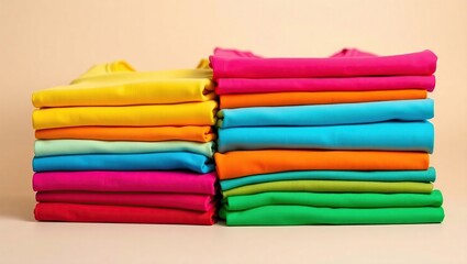 Colorful stacks of folded shirts neatly arranged