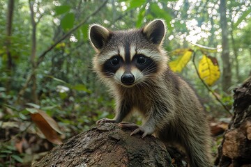 Raccoon exploring its natural habitat in a lush green forest during daylight hours