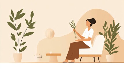 Cozy Indoor Retreat with Woman Holding Plant, Simple Furniture and Greenery in Modern Living Space Design for Relaxation and Wellness Inspiration