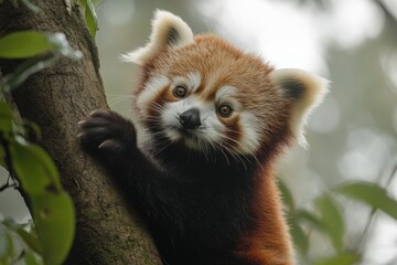 Fototapeta premium Red panda climbs a tree in its natural habitat during a serene afternoon