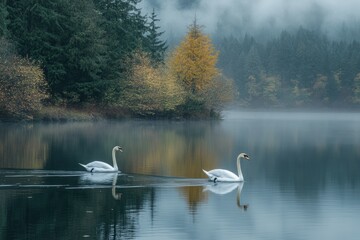 Swans gliding gracefully across a foggy lake surrounded by autumn foliage