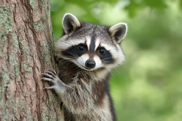 Raccoon climbing a tree in a lush forest during daylight hours