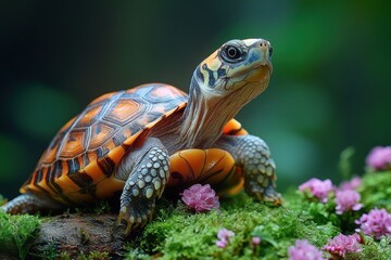 Obraz premium Colorful turtle perched on mossy log surrounded by delicate flowers in a serene setting