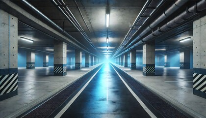 Obraz premium Realistic Garage Underground Lights Hallway Tunnel Corridor Sci Fi, Futuristic Dark Parking 