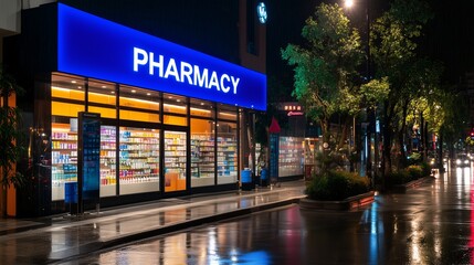 Illuminated pharmacy storefront at night with reflections on wet pavement and a vibrant urban setting.