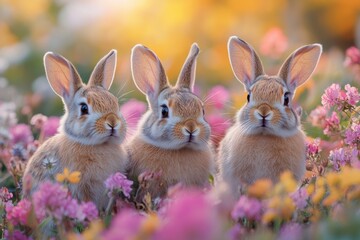 Cute rabbits nestled among vibrant spring flowers in a colorful meadow landscape