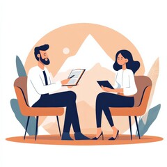 Professional Business Meeting with Two Colleagues Discussing Ideas in a Modern Office Environment Featuring Minimalist Decor and Mountain Background