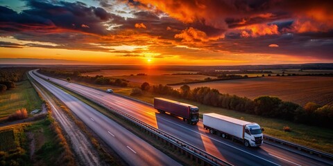 Aerial Drone Shot: Black Silhouettes of Semi Trucks at Dusk