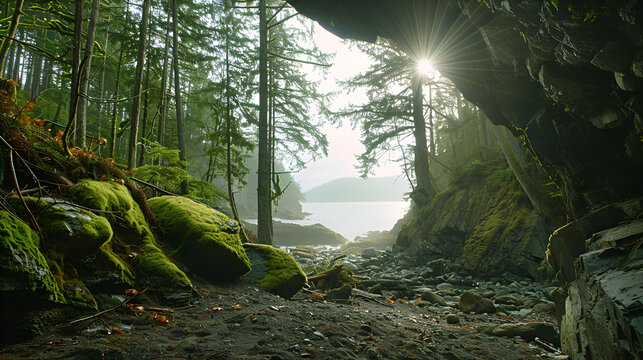 Misty forest cave opening with sunlight illuminating a rocky landscape and serene water view