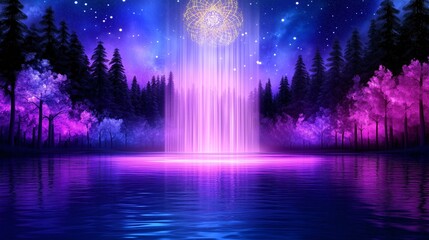 Obraz premium Magical forest scene with glowing pink and purple light beams reflecting on a lake under a starry sky.