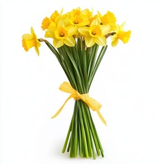Bright yellow daffodils arranged in a bouquet tied with ribbon for a cheerful spring celebration