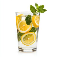 Fototapeta premium Refreshing lemonade with mint leaves served in a clear glass cup garnished with lemon slices