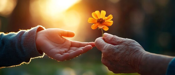 A warm sunset scene capturing two hands exchanging a vibrant flower, symbolizing love, connection, and the beauty of giving.