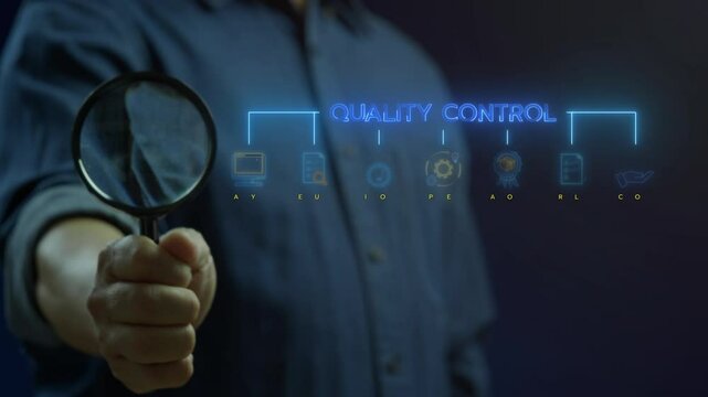 Businessman shows glowing neon line banner of QUALITY CONTROL concept with icons of analysis, evaluate, improve, process, approval, results and customer on virtual screen.