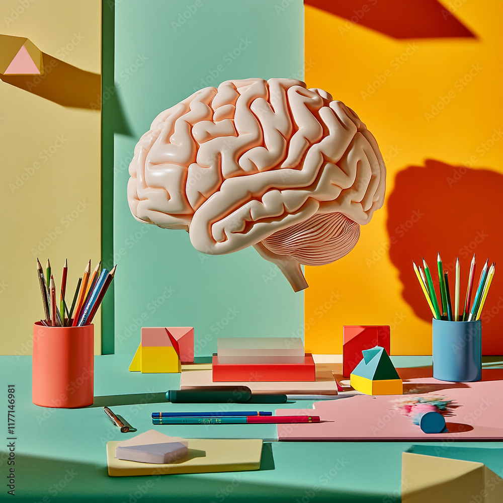 Poster Abstract brain model with vibrant colors and creative desk setup