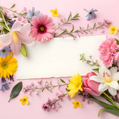 Banner with flowers on light pink background with space for text