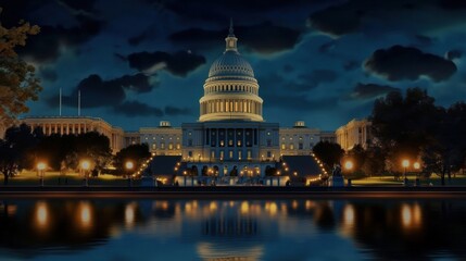 Fototapeta premium Majestic US Capitol Building at Night, A Stunning Architectural Masterpiece