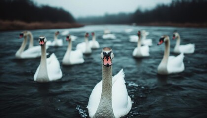 A flock of wild swans enhancing remote scenic landscapes, swan wild scenery, breathtaking allure, abstrack background, no blur, photo not dark, everything is clear, copy space