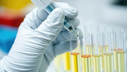 Close-up of gloved hand using pipette to add liquid into test tubes in a laboratory setting.  Scientific research, medical testing, analysis and experiment concept.