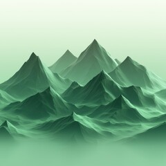 Green low-poly mountains rising from fog in a minimalist landscape