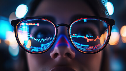 close up of person wearing glasses with digital data reflected in lenses, showcasing vibrant graphs and charts. background features blurred, colorful ambiance, enhancing tech savvy atmosphere