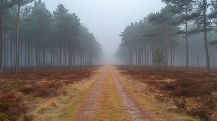 Fototapeta premium Misty forest path through heather.